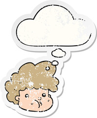 cartoon boy and thought bubble as a distressed worn sticker