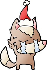 gradient cartoon of a crying wolf wearing santa hat