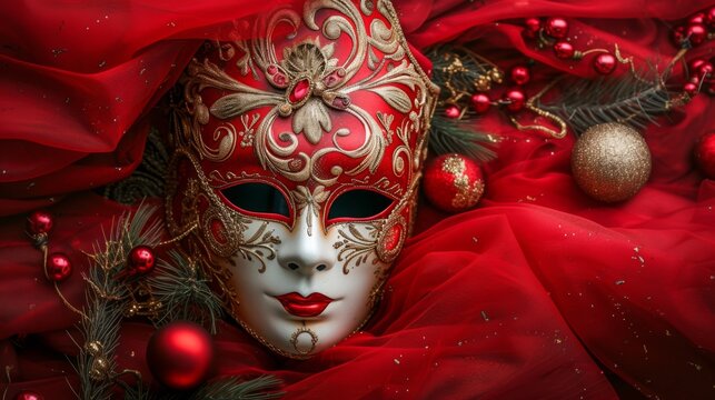 Intricate Venetian carnival mask displayed on a dynamic red background, generative ai