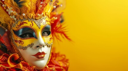 Cheerful carnival celebration with a Venetian mask on a bright yellow background generative ai