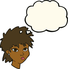 cartoon curious girl with thought bubble