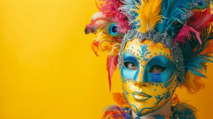 Foto op Plexiglas Cheerful carnival celebration with a Venetian mask on a bright yellow background generative ai © ThisDesign