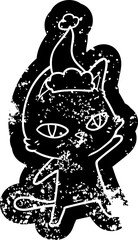 cartoon distressed icon of a cat staring wearing santa hat