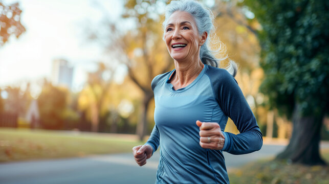 Active senior woman jogging and smiling
