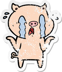 distressed sticker of a crying pig cartoon