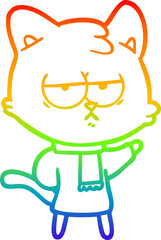 rainbow gradient line drawing bored cartoon cat in winter clothes