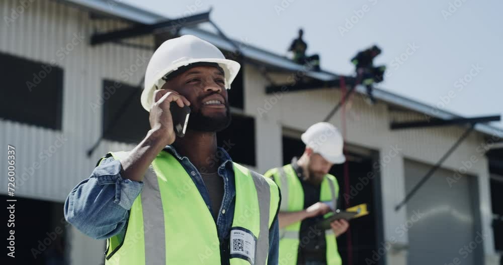 Aufkleber phone call, black man or engineer walking on construction site talking in communication or discussio