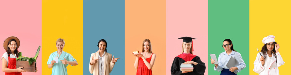 Group of different young women on color background