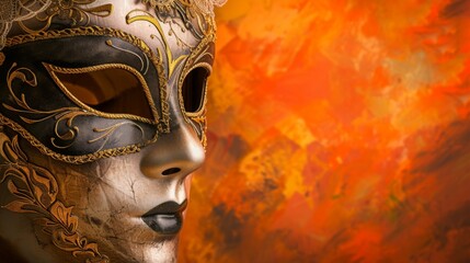 Luxurious Venetian carnival mask on a warm orange background generative ai