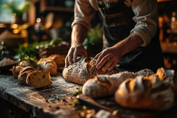 Foto op Plexiglas Brood man's hands knead the dough for baking bread in the bakery
