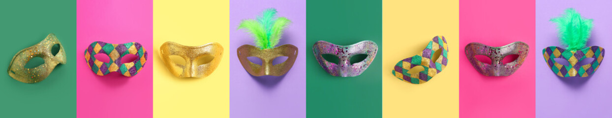 Set of different carnival masks on color background. Mardi Gras (Fat Tuesday) celebration