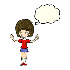 cartoon woman explaining her point with thought bubble