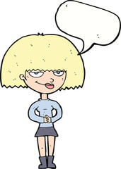 cartoon sly woman with speech bubble