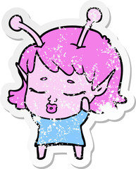distressed sticker of a cute alien girl cartoon