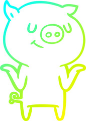 cold gradient line drawing happy cartoon pig