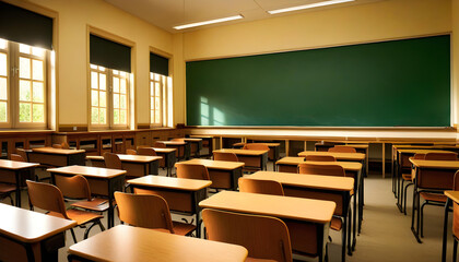 Fototapeta premium Classroom. Empty. School. Education. Learning Space. Academic. Desks. Chairs. Interior. Quiet. Abandoned. Study Environment. Educational. Teaching. Institutional. Classroom Setting. Room. AI Generated