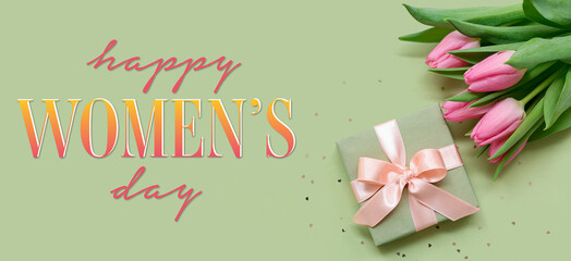 Fototapeta na wymiar Gift box and bouquet of beautiful tulips on green background. Banner for International Women's Day