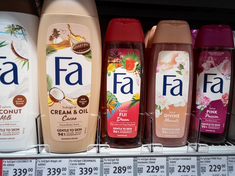 BELGRADE, SERBIA - APRIL 5, 2023: Fa logo on a shower gel liquid soap bottle for sale. Fa is a brand of a cosmetics and beauty hair care products part of Henkel.