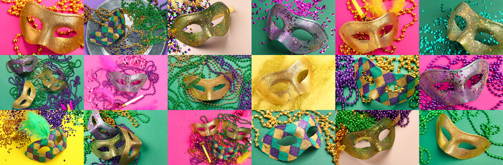 Collage with different carnival masks on color background. Mardi Gras (Fat Tuesday) celebration