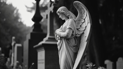 In the cemetery a marble angel stands tall her flowing robes billowing in the wind and casting a...