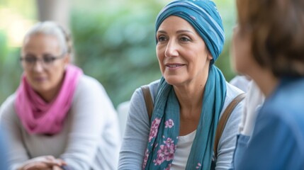 Obraz premium Resilient cancer survivor participating in a support group meeting, sharing experiences generative ai