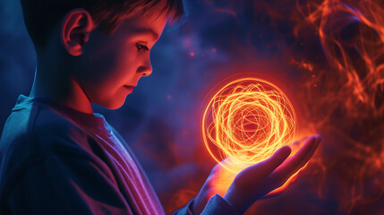 a young boy holding a glowing object in his hands