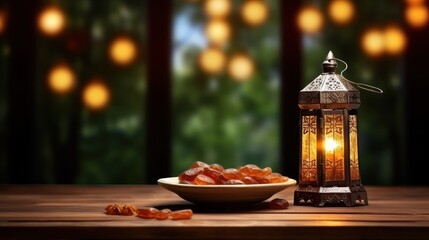  iftar meal and lantern lamp with copy space