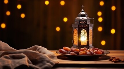  iftar meal and lantern lamp with copy space