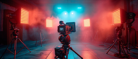 Filming studio, Professional cameras, Lighting equipment, Film crew, Cinematic atmosphere,