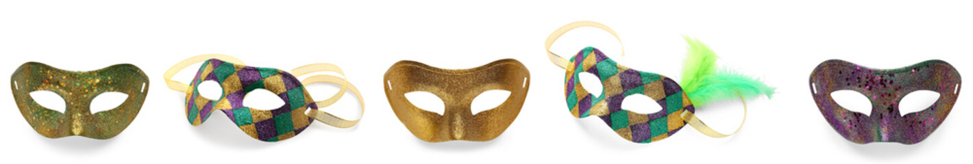 Set of carnival masks on white background