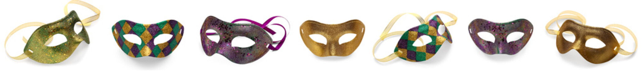Set of different carnival masks on white background. Mardi Gras (Fat Tuesday) celebration