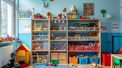 a toy room with toys and a shelf - obrazy, fototapety, plakaty