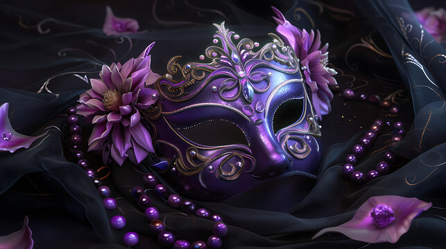 a purple mask with a purple flower on a black background