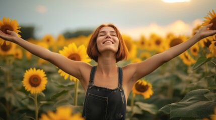 Strong and confident woman fighting cancer, standing tall in the middle of a field of sunflowers, generative ai
