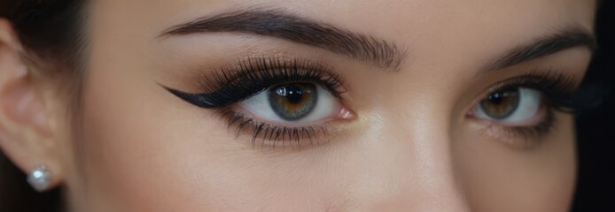 Obraz premium Beautiful female green eyes with strabismus, close-up. Panorama, close-up of an advertisement for strabismus treatment or other medical services and cosmetics.