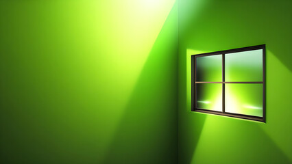 a close up of a window in a green room with a light coming through