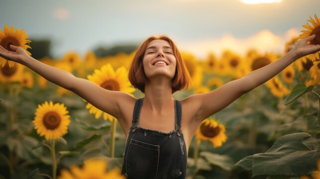 Strong and confident woman fighting cancer, standing tall in the middle of a field of sunflowers, generative ai