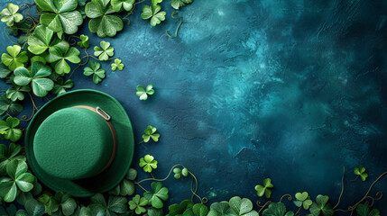 Green shamrock lucky top hat as St Patrick's day symbol and luck icon of Irish tradition with...