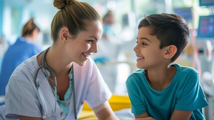 Oncology nurse helping a child with leukemia during a hospital visit generative ai