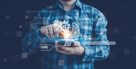 Ai technology, businessman show virtual graphic Global Internet connect Chat with AI, Artificial...