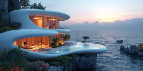 Terrace over the sea, Unfurnished, Futuristic, generative ai - obrazy, fototapety, plakaty