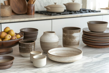 Assorted ceramic pottery displayed on kitchen countertops, including bowls, plates, and vases, showcasing earthy tones and textures. Concept of quiet luxury.