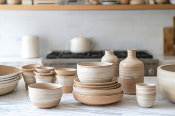 Fototapeta na wymiar Assorted ceramic pottery is displayed on a countertop with a modern stove and wooden shelves in thebackground. Handcrafted earthenware bowls and neutral tones create a homely atmosphere. Quiet luxury.