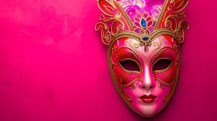 Venetian carnival mask placed on a bold pink background,generative ai
