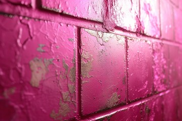The bright magenta surface of a painted metal wall, cracked and peeling with age, pink mettalic background