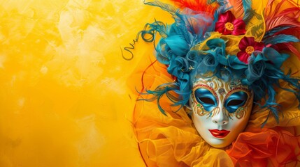 Vivid Venetian carnival mask on a radiant yellow background, generative ai