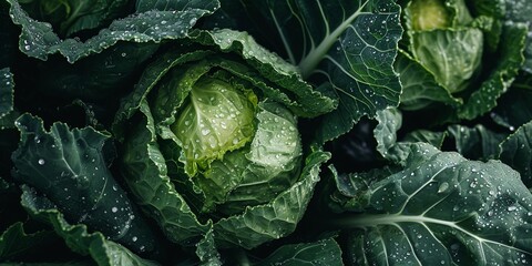 Close-up photography of fresh green cabbage with Water Drops - obrazy, fototapety, plakaty