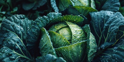 Obraz premium Close-up photography of fresh green cabbage with Water Drops
