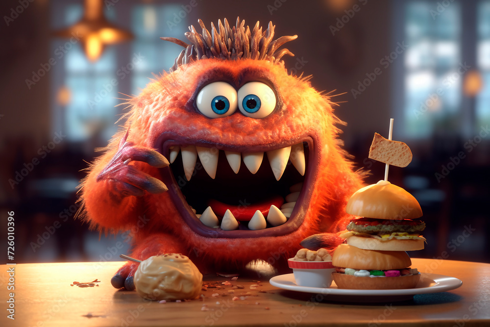 Wall mural happy hour in burger restaurant. delighted visitor with a hamburger set. funny cartoon monster enjoy - Wall murals