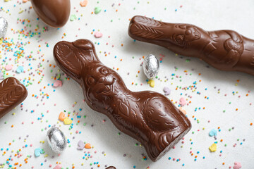 Chocolate bunnies, Easter eggs in foil and sprinkles on white background